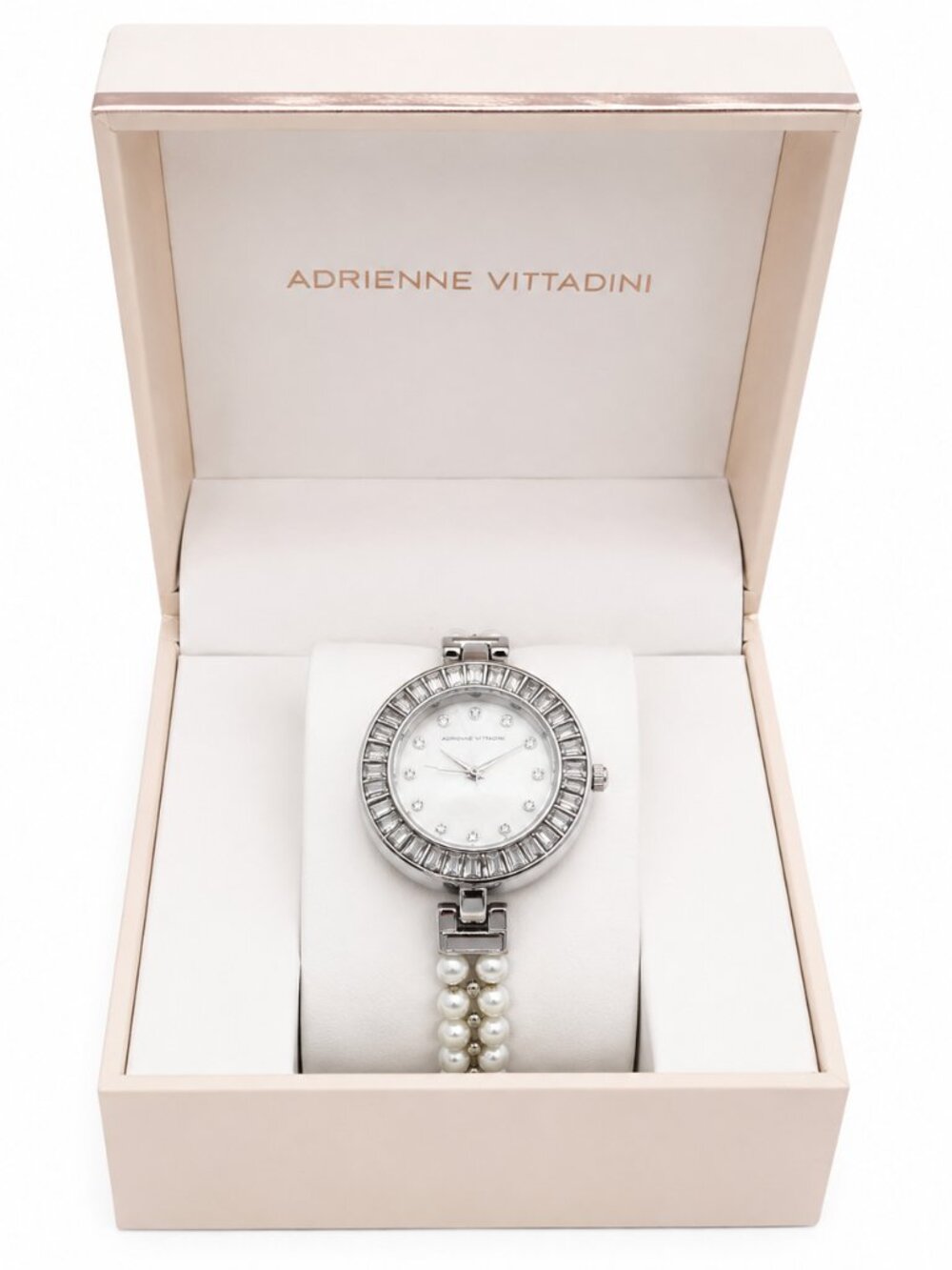 Adrienne Vittadini Women’s Pearl Crystal Watch Silver Tone Box Included
